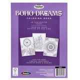 Back of the Timeless Creations Boho Dreams 48-page adult coloring book featuring intricate bohemian and celestial designs with moons, stars, guitars, and folk-inspired artwork.