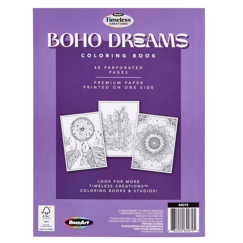 Back of the Timeless Creations Boho Dreams 48-page adult coloring book featuring intricate bohemian and celestial designs with moons, stars, guitars, and folk-inspired artwork.