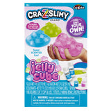 Back of package for Cra-Z-Slimy Jelly Cube DIY scented slime kit with clear slime glue, activator, 3 colorants, 25 foam cubes, mixing tools, bowls, and storage cups for ages 6+.