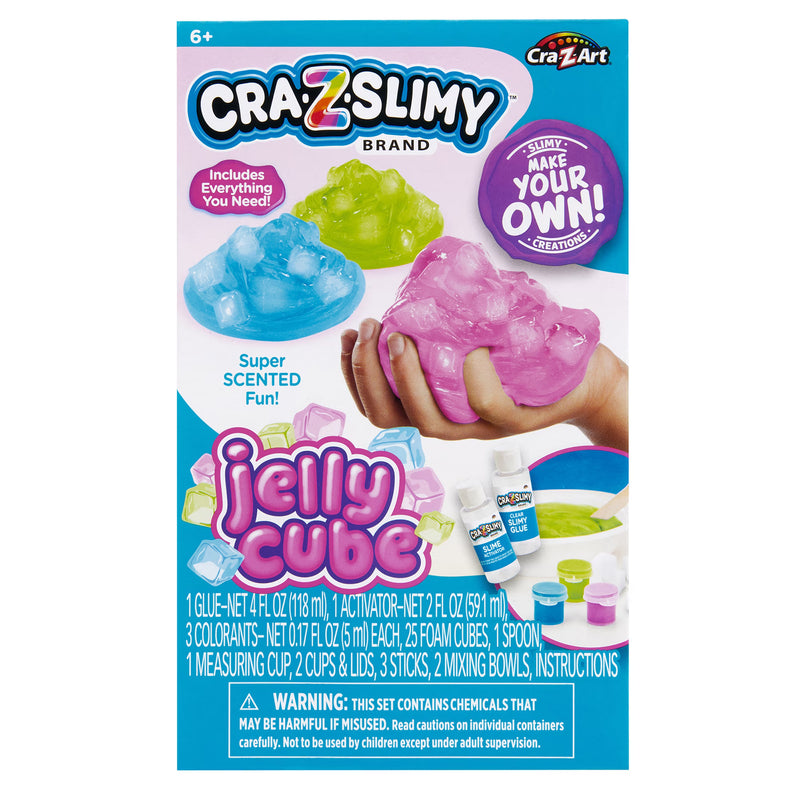 Back of package for Cra-Z-Slimy Jelly Cube DIY scented slime kit with clear slime glue, activator, 3 colorants, 25 foam cubes, mixing tools, bowls, and storage cups for ages 6+.