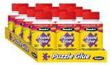 A display tray filled with ten bottles of RoseArt - Puzzle Glue - 4.5 ozs, each with a red cap. The packaging states it dries quick, clear, and bright, and is suitable for ages 8 and up.
