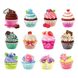 An assortment of RoseArt - 12 Mini-Shaped - Cupcakes - 500 Piece Jigsaw Puzzles with various colorful toppings, including flowers, drizzles, fruits, and candies, arranged in three rows.