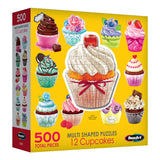A 500-piece RoseArt - 12 Mini-Shaped - Cupcakes - 500 Piece Jigsaw Puzzles set featuring 12 cupcake designs in various shapes. The box showcases colorful cupcake illustrations arranged on a bright yellow background.