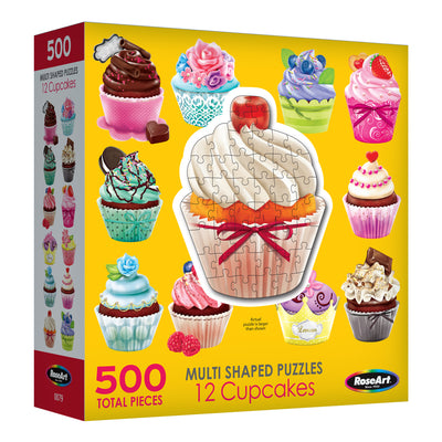 A 500-piece RoseArt - 12 Mini-Shaped - Cupcakes - 500 Piece Jigsaw Puzzles set featuring 12 cupcake designs in various shapes. The box showcases colorful cupcake illustrations arranged on a bright yellow background.