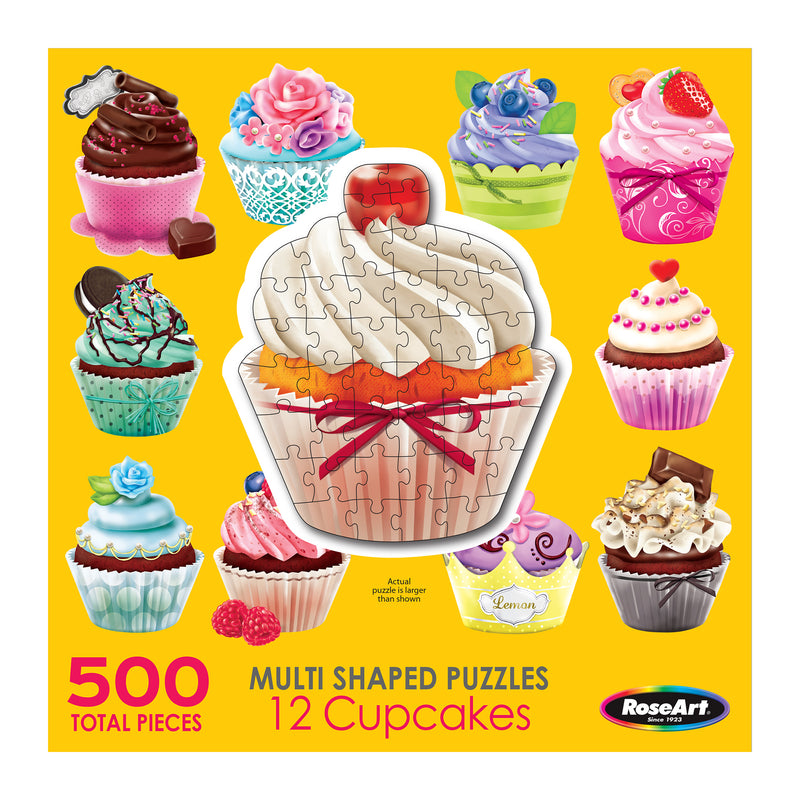 Image of a puzzle box featuring multi-shaped cupcake puzzles. The box has a yellow background, displays colorful cupcake designs, contains 500 pieces, and is labeled "RoseArt - 12 Mini-Shaped - Cupcakes - 500 Piece Jigsaw Puzzles.