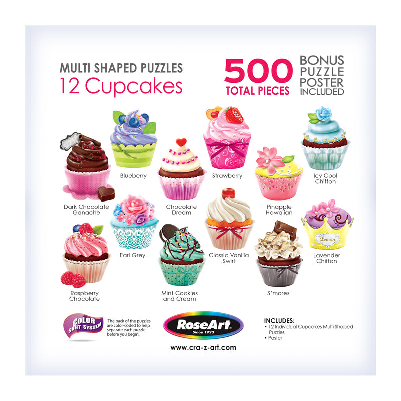 Image of a puzzle set titled "RoseArt - 12 Mini-Shaped - Cupcakes - 500 Piece Jigsaw Puzzles" by RoseArt, featuring images of 12 cupcakes with different designs and flavors. The set includes 500 pieces and a bonus puzzle poster.
