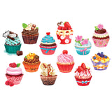 An assortment of twelve decorated RoseArt - 12 Mini-Shaped - Cupcakes II - 500 Piece Jigsaw Puzzles featuring various toppings such as flowers, fruit, chocolate pieces, and cream in colorful wrappers.
