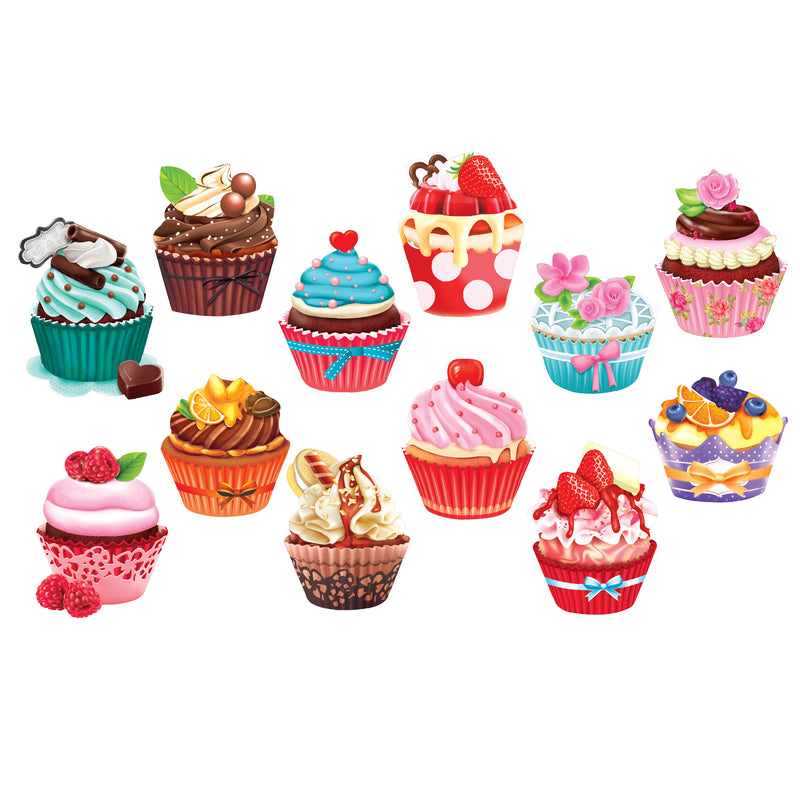 An assortment of twelve decorated RoseArt - 12 Mini-Shaped - Cupcakes II - 500 Piece Jigsaw Puzzles featuring various toppings such as flowers, fruit, chocolate pieces, and cream in colorful wrappers.