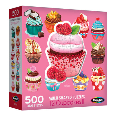 Box of "RoseArt - 12 Mini-Shaped - Cupcakes II - 500 Piece Jigsaw Puzzles" by RoseArt, featuring various cupcake designs on a pink background.