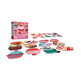 A 500-piece puzzle featuring assorted images of desserts, including various cakes and pies, is shown partially assembled alongside its box displaying the completed design from RoseArt - 12 Mini-Shaped - Cupcakes II - 500 Piece Jigsaw Puzzles.
