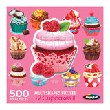 A puzzle set featuring 12 multi-shaped cupcake designs surrounded by various cupcakes and confections. The set contains 500 pieces and is labeled "RoseArt - 12 Mini-Shaped - Cupcakes II - 500 Piece Jigsaw Puzzles" by RoseArt.