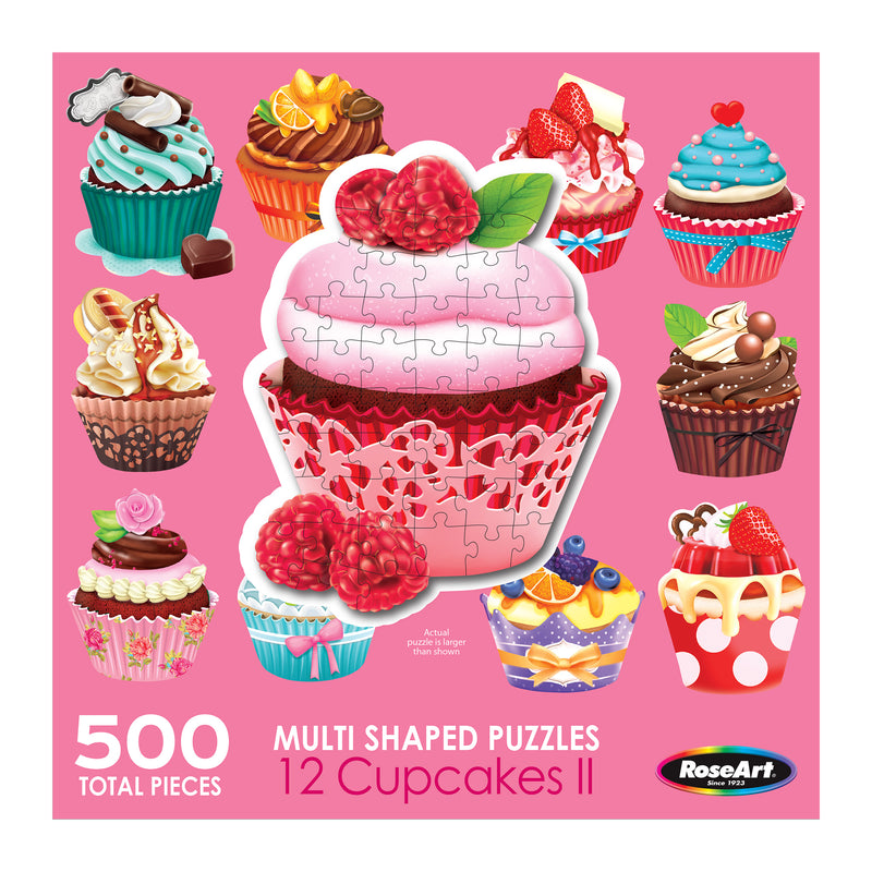 A puzzle set featuring 12 multi-shaped cupcake designs surrounded by various cupcakes and confections. The set contains 500 pieces and is labeled "RoseArt - 12 Mini-Shaped - Cupcakes II - 500 Piece Jigsaw Puzzles" by RoseArt.