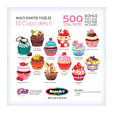 Image of a puzzle box displaying 12 cupcake-shaped puzzles labeled with different flavors. The box indicates it contains 500 total pieces and includes a bonus puzzle poster. The brand is RoseArt - 12 Mini-Shaped - Cupcakes II - 500 Piece Jigsaw Puzzles.
