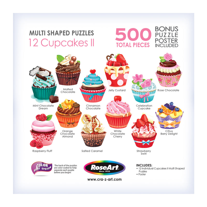 Image of a puzzle box displaying 12 cupcake-shaped puzzles labeled with different flavors. The box indicates it contains 500 total pieces and includes a bonus puzzle poster. The brand is RoseArt - 12 Mini-Shaped - Cupcakes II - 500 Piece Jigsaw Puzzles.
