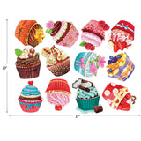 A colorful puzzle featuring twelve different cupcakes with various toppings and decorations. The completed puzzle measures 20 inches by 27 inches. The product name is RoseArt - 12 Mini-Shaped - Cupcakes II - 500 Piece Jigsaw Puzzles.