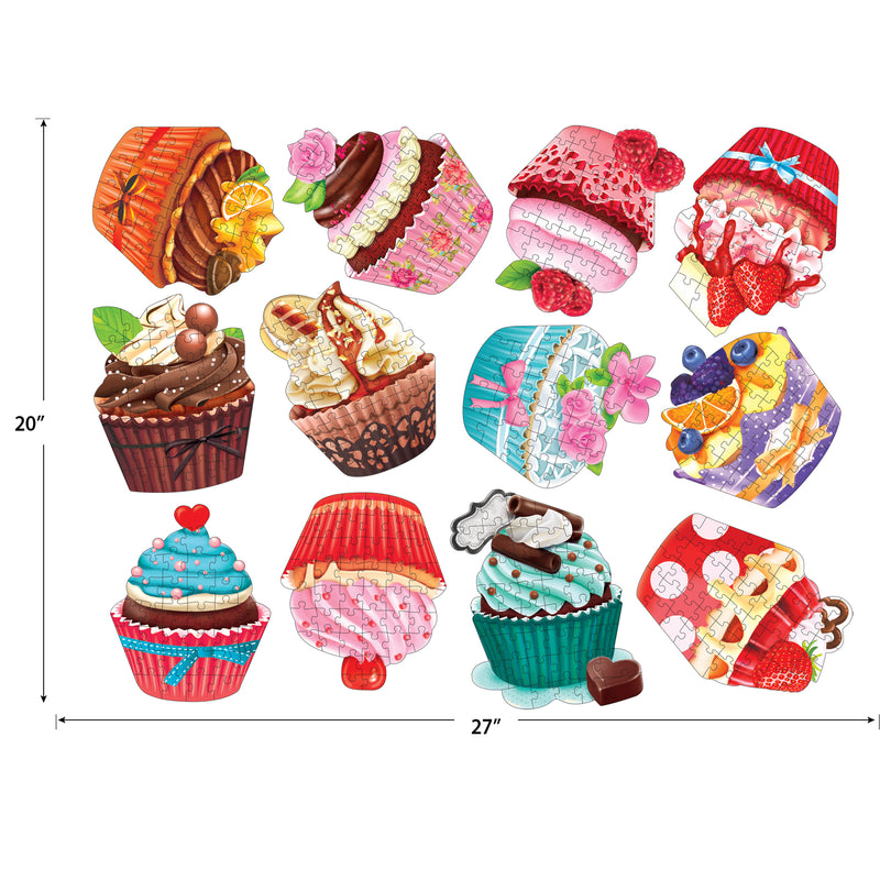 A colorful puzzle featuring twelve different cupcakes with various toppings and decorations. The completed puzzle measures 20 inches by 27 inches. The product name is RoseArt - 12 Mini-Shaped - Cupcakes II - 500 Piece Jigsaw Puzzles.