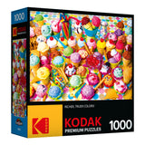 A 1000-piece RoseArt - Kodak Premium - Variety of Colorful Ice Cream - 1000 Piece Jigsaw Puzzle depicting various colorful ice cream scoops and toppings on a polka dot background.