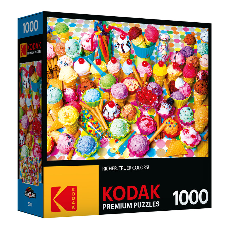 A 1000-piece RoseArt - Kodak Premium - Variety of Colorful Ice Cream - 1000 Piece Jigsaw Puzzle depicting various colorful ice cream scoops and toppings on a polka dot background.