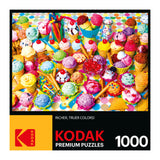 A colorful puzzle box displaying a variety of ice cream scoops and cones on a vibrant background, labeled "RoseArt - Kodak Premium - Variety of Colorful Ice Cream - 1000 Piece Jigsaw Puzzle" with "1000" pieces.