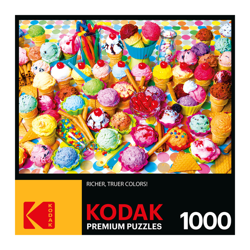 A colorful puzzle box displaying a variety of ice cream scoops and cones on a vibrant background, labeled "RoseArt - Kodak Premium - Variety of Colorful Ice Cream - 1000 Piece Jigsaw Puzzle" with "1000" pieces.