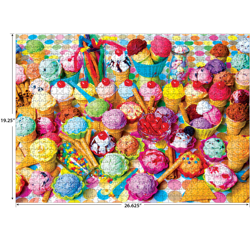A colorful jigsaw puzzle depicts various types of ice cream cones and cups topped with sprinkles, cherries, and various candies. Puzzle dimensions are 19.25 inches by 26.625 inches.
-> RoseArt - Kodak Premium - Variety of Colorful Ice Cream - 1000 Piece Jigsaw Puzzle