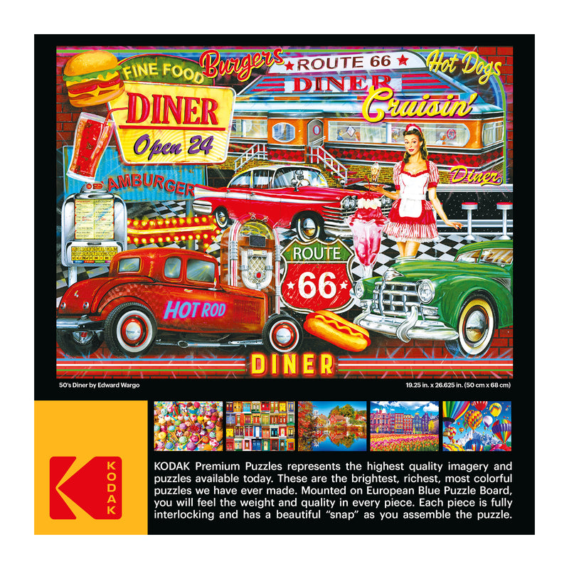 A puzzle image of a 50's-themed diner with vintage cars, neon signs, and a waitress serving food. The puzzle box states it is from RoseArt - Kodak Premium - 50's Diner - 1000 Piece Jigsaw Puzzle.
