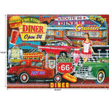 A colorful retro diner-themed collage with vintage cars, neon lights, a hamburger sign, and a woman in a 1950s outfit, featuring Route 66 and diner-related text and imagery - RoseArt - Kodak Premium - 50's Diner - 1000 Piece Jigsaw Puzzle.