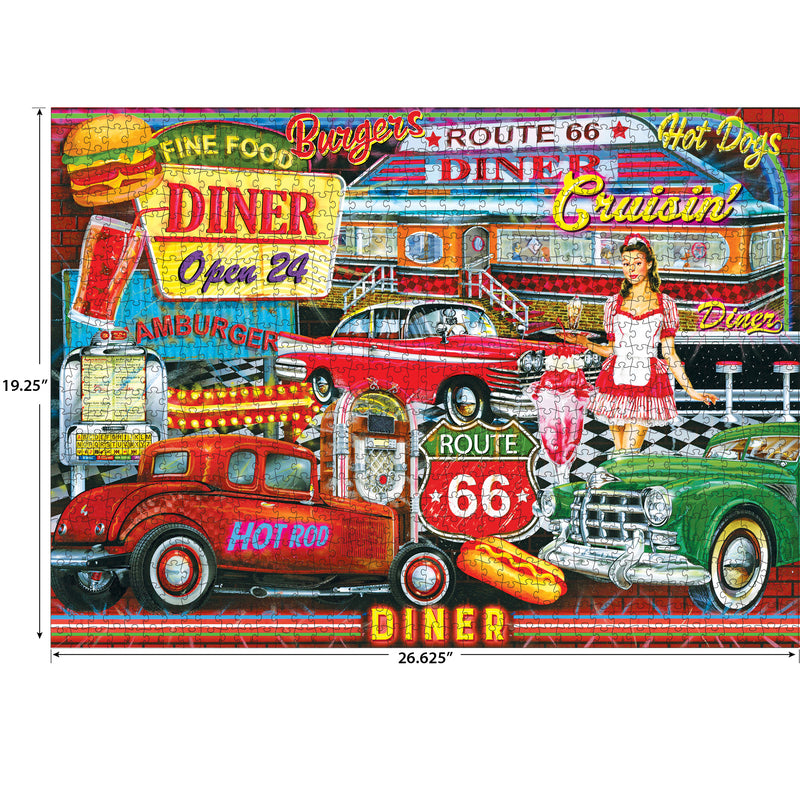 A colorful retro diner-themed collage with vintage cars, neon lights, a hamburger sign, and a woman in a 1950s outfit, featuring Route 66 and diner-related text and imagery - RoseArt - Kodak Premium - 50's Diner - 1000 Piece Jigsaw Puzzle.