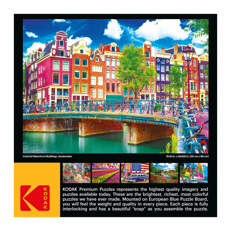 A colorful image of Amsterdam's waterfront buildings. Below, a description highlights the quality of RoseArt - Kodak Premium - Colorful Waterfront Buildings, Amsterdam - 1000 Piece Jigsaw Puzzle and key features like precision and easy assembly. Dimensions and puzzle board are noted.