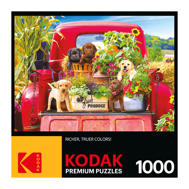 A puzzle box featuring five puppies in the bed of a red truck surrounded by flowers and produce. The box displays "RoseArt - Kodak Premium - Stowaways - 1000 Piece Jigsaw Puzzle".