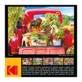 A puzzle box showing an image of six puppies in an old red truck filled with flowers. The front text describes RoseArt - Kodak Premium - Stowaways - 1000 Piece Jigsaw Puzzle's quality, imagery, and interlocking pieces.