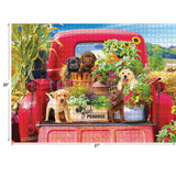 A red truck bed filled with six playful puppies surrounded by flowers, corn stalks, and a hay bale, with dimensions indicated: 20 inches high and 27 inches wide is the RoseArt - Kodak Premium - Stowaways - 1000 Piece Jigsaw Puzzle.