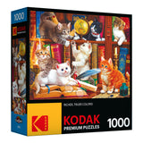 A 1000-piece RoseArt - Kodak Premium - Library Mischief - 1000 Piece Jigsaw Puzzle featuring an image of playful kittens on a bookshelf with old books and a pair of glasses.