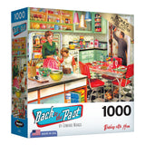 RoseArt - Back to the Past - Baking with Mom - 1000 Piece Jigsaw Puzzle showing a retro kitchen scene with a woman baking, a child watching, and a man entering the room. The box indicates 1000 pieces and includes a bonus poster. Title: "Back to the Past.