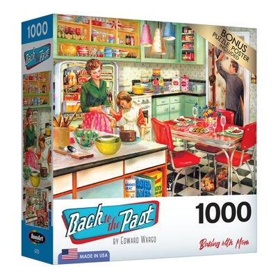 RoseArt - Back to the Past - Baking with Mom - 1000 Piece Jigsaw Puzzle showing a retro kitchen scene with a woman baking, a child watching, and a man entering the room. The box indicates 1000 pieces and includes a bonus poster. Title: "Back to the Past.