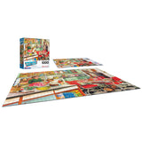 A 1000-piece puzzle depicting a busy and colorful diner scene is shown with its box and assembled puzzle on display.

Revised Sentence:
RoseArt - Back to the Past - Baking with Mom - 1000 Piece Jigsaw Puzzle is shown with its box and assembled puzzle on display.