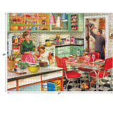 A colorful 27x20 inch puzzle, RoseArt - Back to the Past - Baking with Mom - 1000 Piece Jigsaw Puzzle, depicts a vintage kitchen scene with a woman cooking, a child assisting, and a man in a suit entering through a doorway. A dog is lying near the dining table.