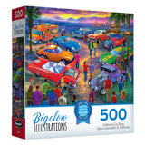 The ROSEART - BIGELOW ILLUSTRATIONS - CALIFORNIA CAR SHOW 500-piece jigsaw puzzle captures the lively atmosphere of a classic California car show, with vibrant classic cars and animated crowds.