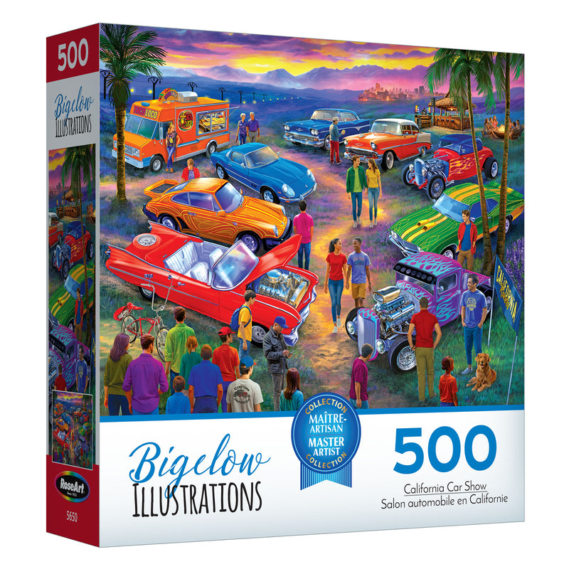 The ROSEART - BIGELOW ILLUSTRATIONS - CALIFORNIA CAR SHOW 500-piece jigsaw puzzle captures the lively atmosphere of a classic California car show, with vibrant classic cars and animated crowds.