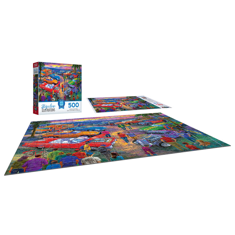 Experience the "California Car Show" with this 500-piece jigsaw puzzle by RoseArt, featuring vibrant cars in the whimsical style of Bigelow Illustrations.