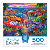 Illustrated car show featuring classic vehicles, vibrant colors, and people; text: "ROSEART - Bigelow Illustrations - California Car Show, 500-piece Jigsaw Puzzle.