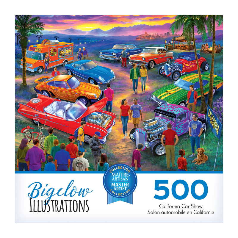 Illustrated car show featuring classic vehicles, vibrant colors, and people; text: "ROSEART - Bigelow Illustrations - California Car Show, 500-piece Jigsaw Puzzle.
