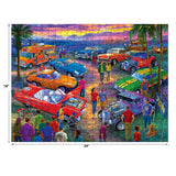 The ROSEART - BIGELOW ILLUSTRATIONS jigsaw puzzle depicts a lively California Car Show at sunset with classic cars, palm trees, people mingling, a friendly dog, and a bustling food truck. The completed puzzle measures 18x24 inches.