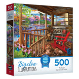 The ROSEART - BIGELOW ILLUSTRATIONS - PORCH LIFE - 500 PIECE JIGSAW PUZZLE beautifully depicts a scenic porch with a dog, rocking chair, vibrant plants, and stunning mountain and lake views, perfectly capturing serene beauty to bring tranquility to your puzzle-solving moments.