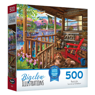 The ROSEART - BIGELOW ILLUSTRATIONS - PORCH LIFE - 500 PIECE JIGSAW PUZZLE beautifully depicts a scenic porch with a dog, rocking chair, vibrant plants, and stunning mountain and lake views, perfectly capturing serene beauty to bring tranquility to your puzzle-solving moments.