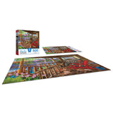 Discover the charm of the ROSEART - BIGELOW ILLUSTRATIONS - PORCH LIFE 500-piece jigsaw puzzle with its cozy library scene featuring books, a lamp, and flowers, brought to life by stunning Bigelow Illustrations. The elegant puzzle box complements the picturesque setting.