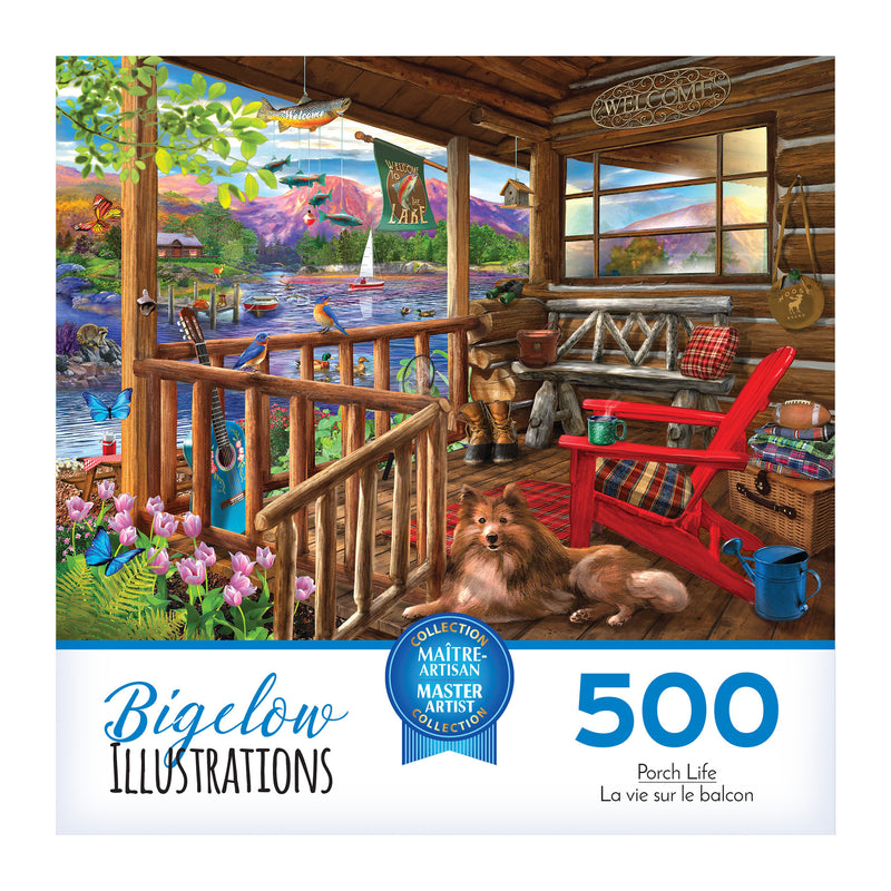 Box cover of the ROSEART - BIGELOW ILLUSTRATIONS - PORCH LIFE 500-piece jigsaw puzzle showing a vibrant scene: cozy porch, dog, rocking chair, plants, with a tranquil lake and mountain view.