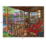 Enjoy the essence of porch life with the ROSEART - BIGELOW ILLUSTRATIONS - PORCH LIFE 500-piece jigsaw puzzle, featuring a tranquil lakeside cabin scene with a dog, red chair, blooming flowers, and sailboats. Dimensions: 24" x 18".