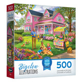 Explore the 500-piece RoseArt jigsaw puzzle, "Lemonade on the Lawn," featuring a vibrant illustration by Bigelow Illustrations of a family savoring lemonade in front of a charming pink house. This puzzle offers both challenge and fun.