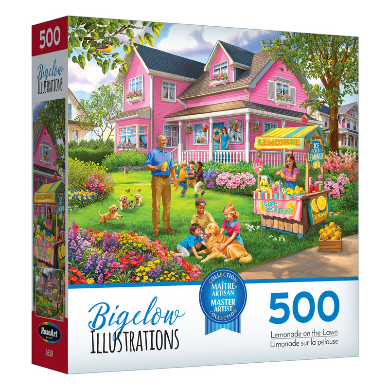Explore the 500-piece RoseArt jigsaw puzzle, "Lemonade on the Lawn," featuring a vibrant illustration by Bigelow Illustrations of a family savoring lemonade in front of a charming pink house. This puzzle offers both challenge and fun.